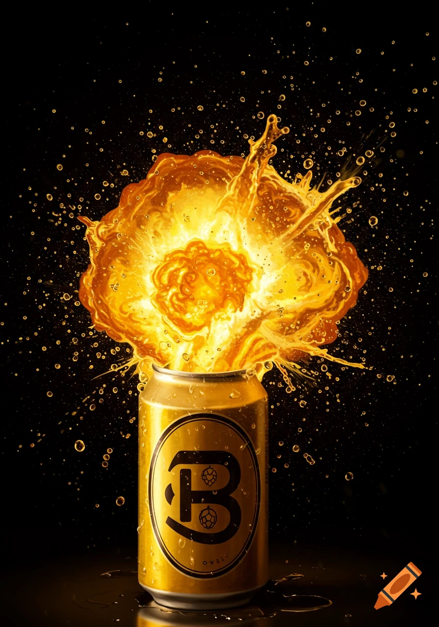 Photorealistic golden beer can with an explosive orange liquid splash and bubbles erupting from the top against a black background.