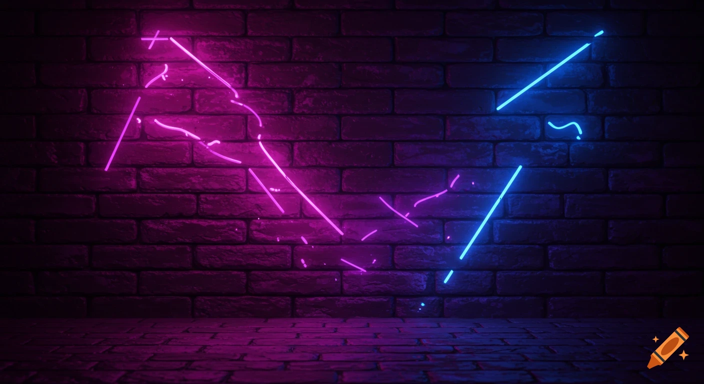 Neon pink and blue light patterns glow on a dark brick wall in a dramatic, abstract scene.