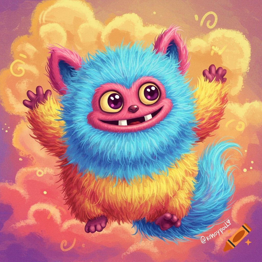A fluffy, multicolored monster with blue, yellow, and orange fur, big eyes, and a wide smile floats in a cloudy sky. Cartoon illustration.