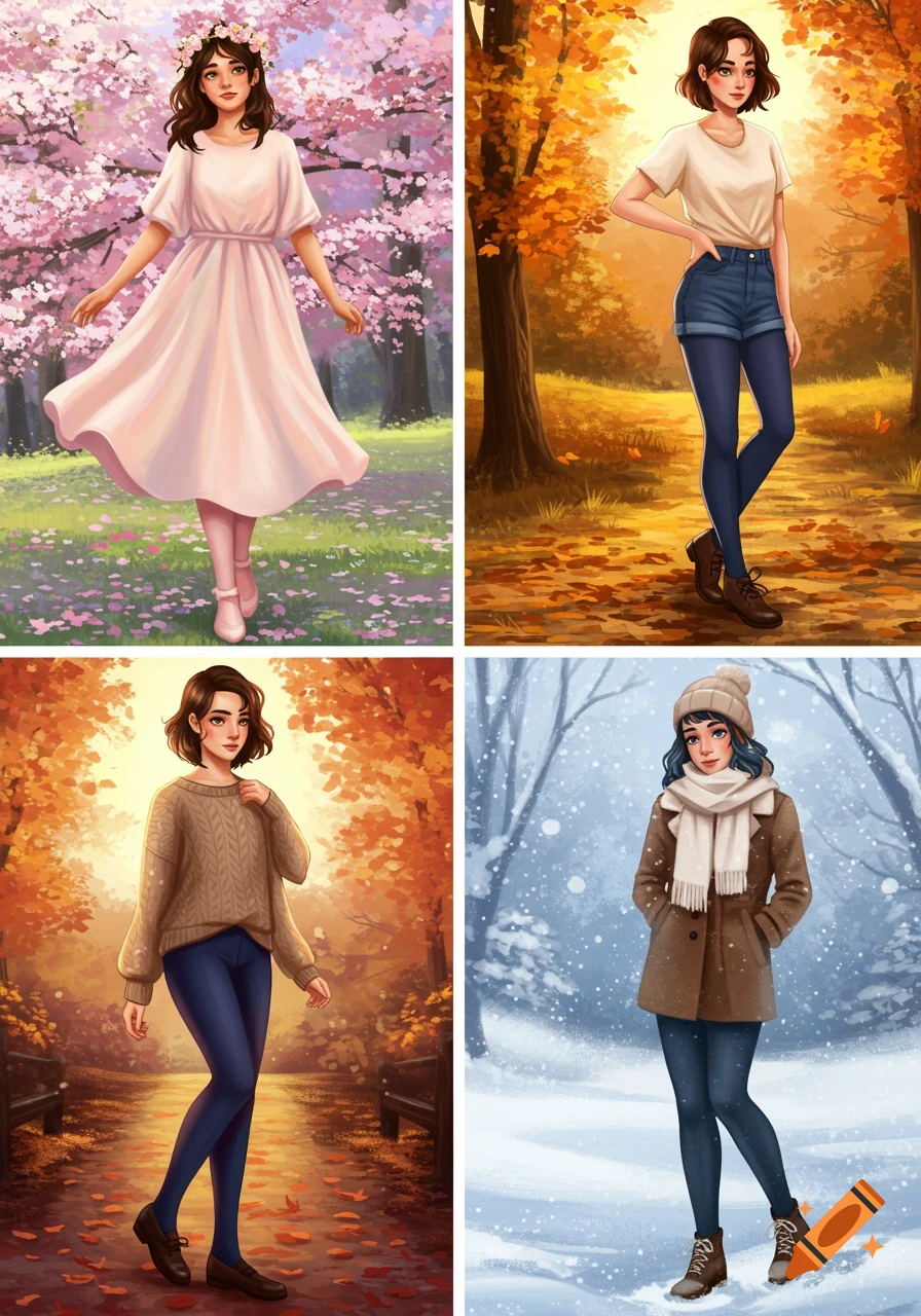 Four illustrated women in various seasonal outfits, including spring ...