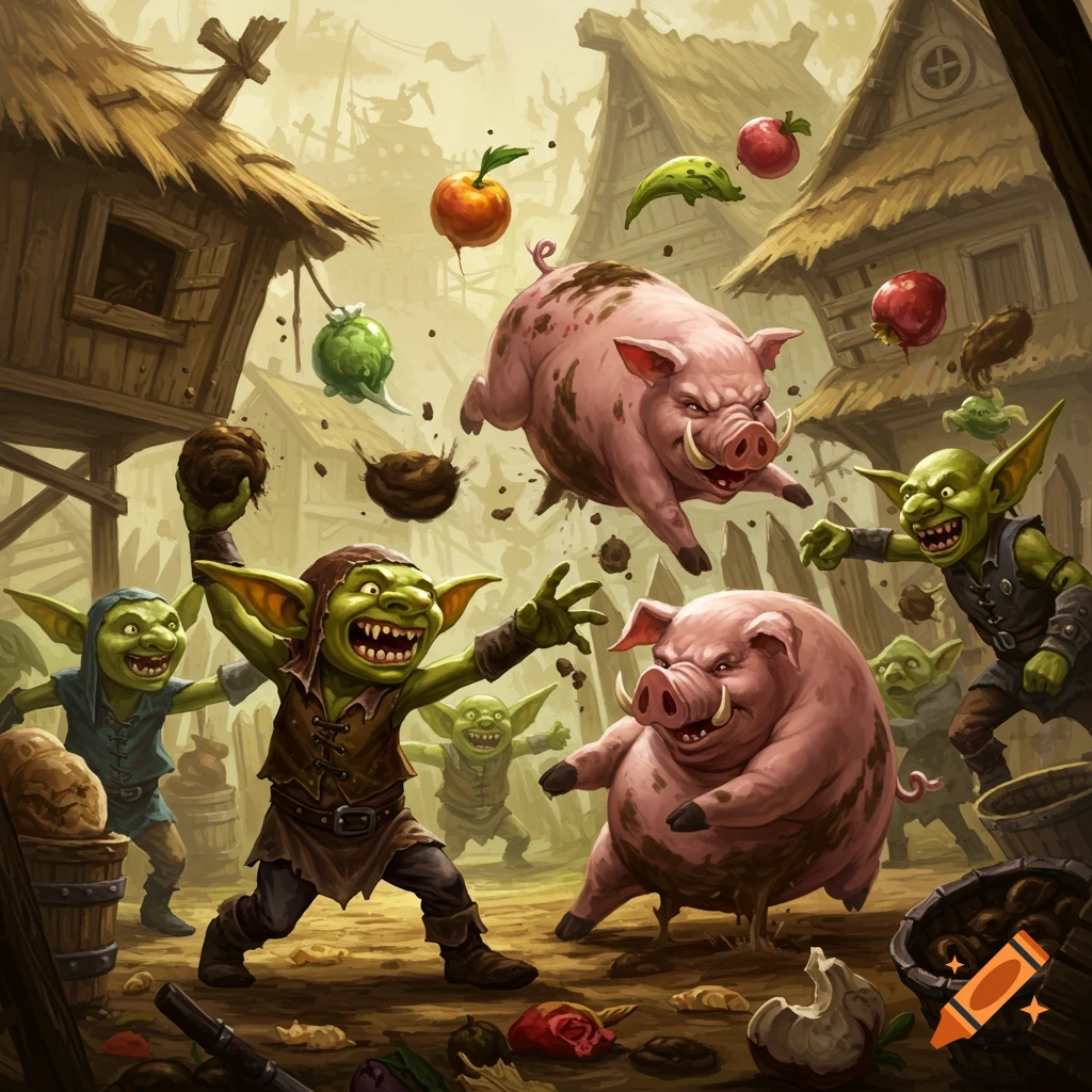 A chaotic scene with green goblins and muddy pigs throwing various items, including mud and fruit, in a fantasy village setting.