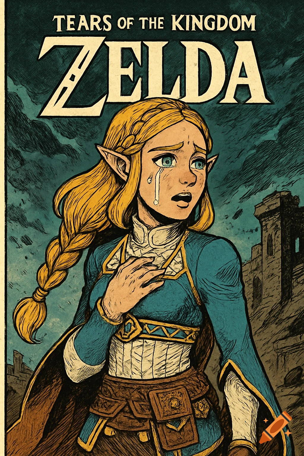 A vintage comic book style illustration of Princess Zelda crying, with the title "Tears of the Kingdom Zelda" at the top.