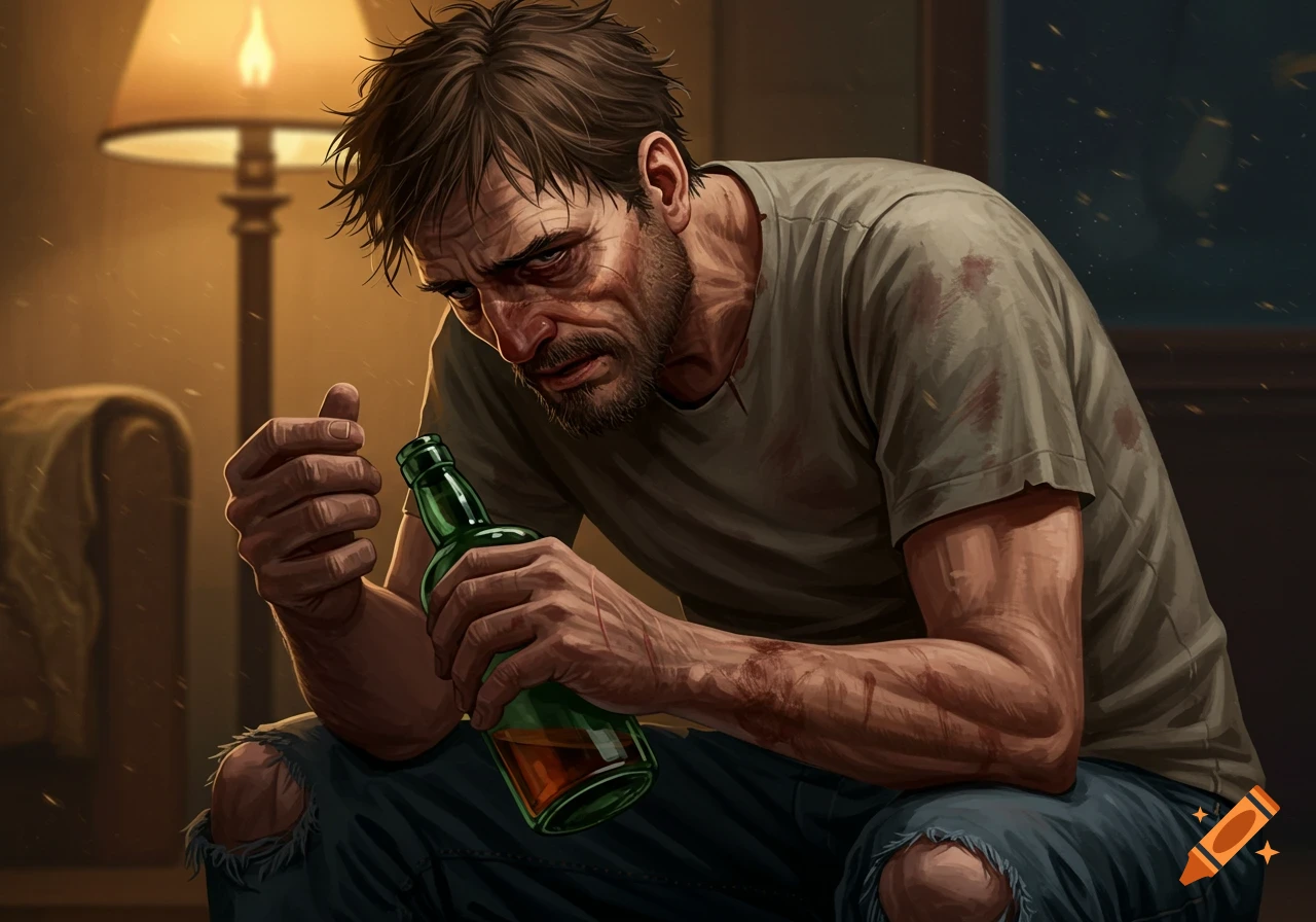 A somber man with a beard and messy hair sits, holding a green bottle of liquor, in a dimly lit room with a lamp.