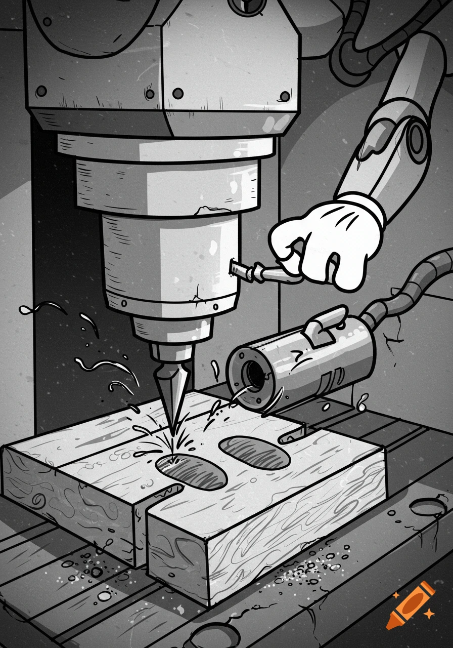 Black and white cartoon illustration of a cartoon hand operating a CNC machine, cutting into a wooden block.