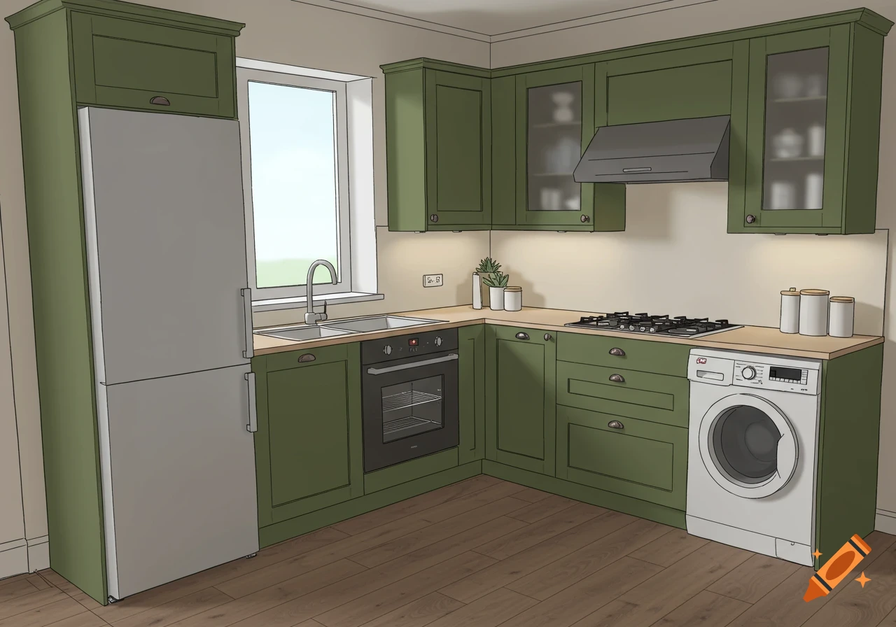 An L-shaped kitchen with olive green cabinets, light wood countertops, a large silver refrigerator, a sink under a window, an oven, a gas hob, and a washing machine, rendered in a cartoonish style.