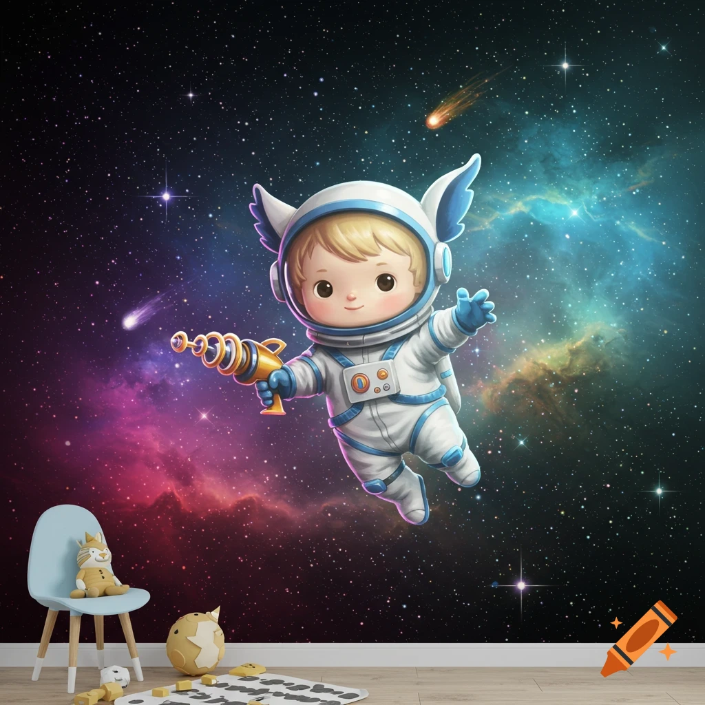 A cartoon baby astronaut with wings and a ray gun floats in colorful outer space, depicted as a child's bedroom wallpaper.