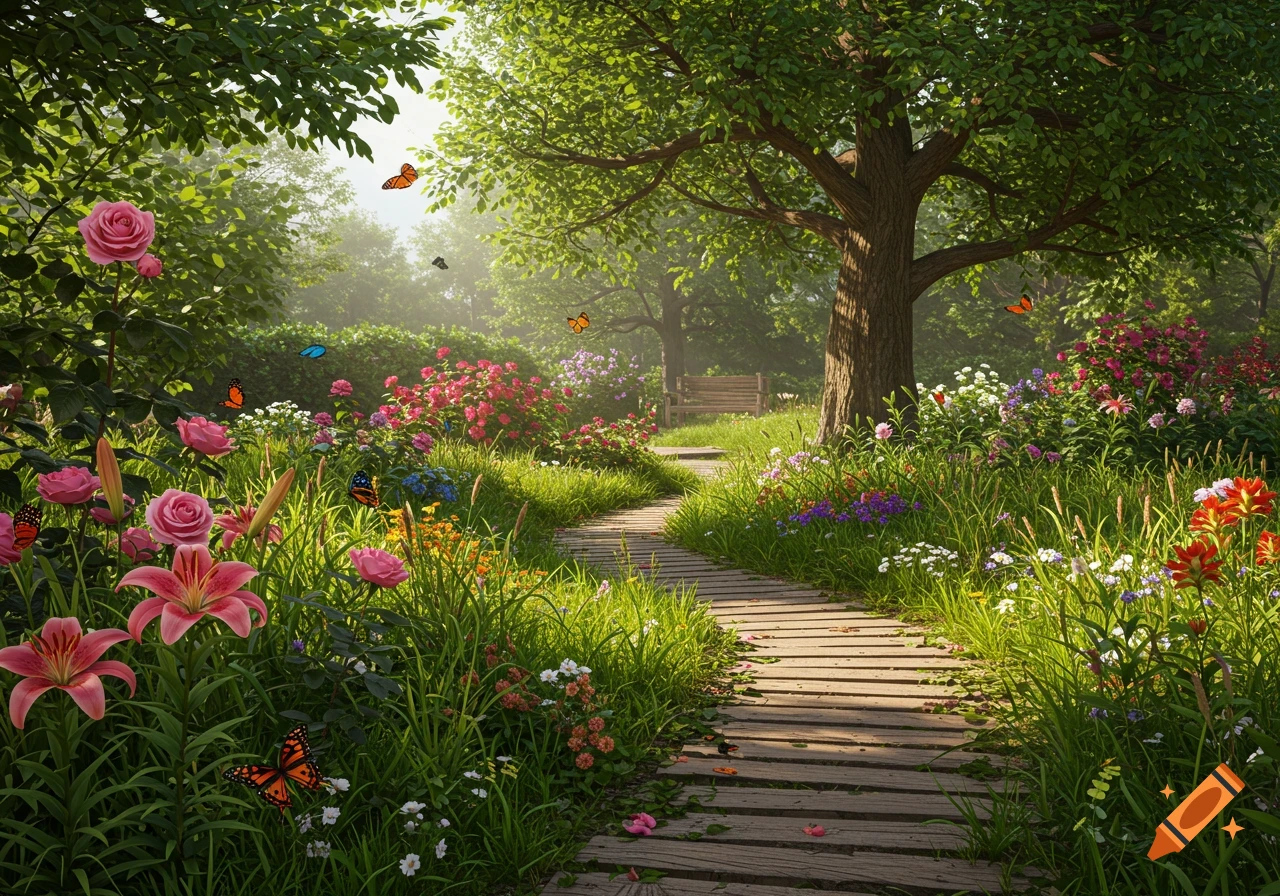 A beautiful, sunlit garden with a wooden path, colorful flowers, lush trees, and butterflies, leading to a bench in the distance.