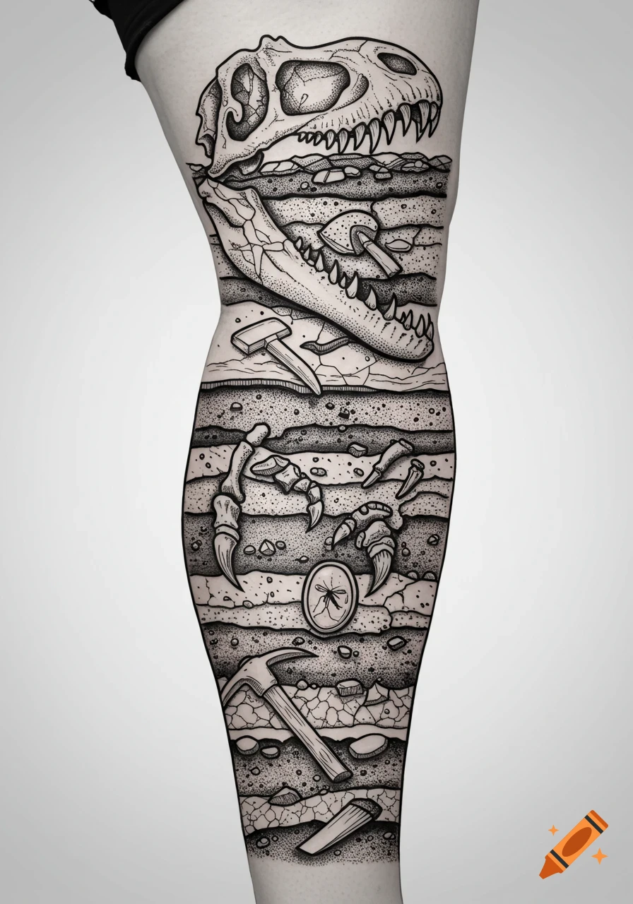A black and white tattoo design on a leg depicts dinosaur fossils, bones, archaeological tools, and geological layers.