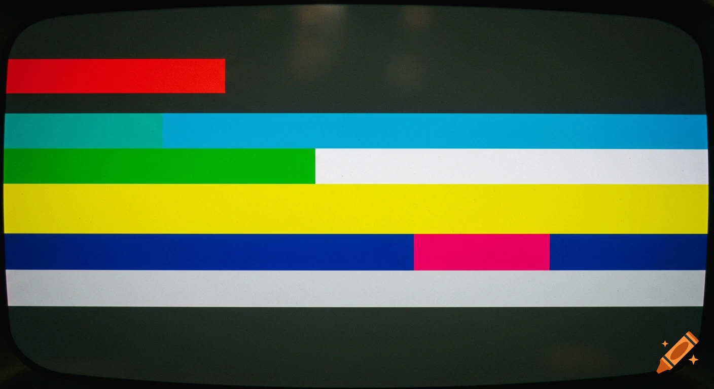 A vintage television screen displaying standard colorful SMPTE test patterns with horizontal bars.