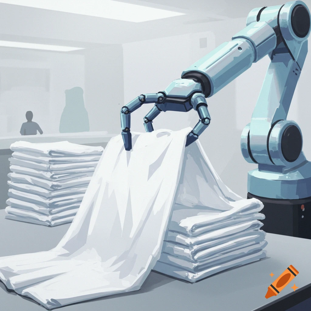 A blue robotic arm folds white laundry on a table, with stacks of folded clothes in a minimalist, modern setting.