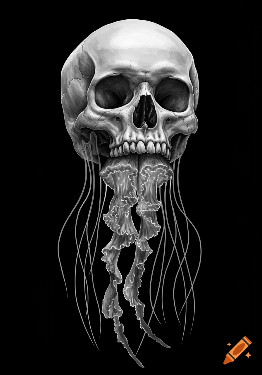 A black and white illustration of a human skull with long, flowing jellyfish tentacles extending from its base.
