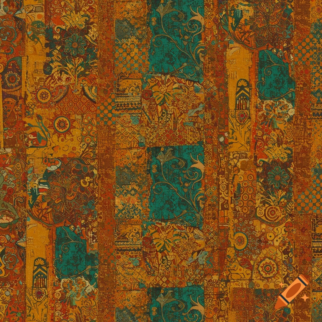 A vibrant bohemian mosaic pattern with intricate details in orange, gold, and teal.