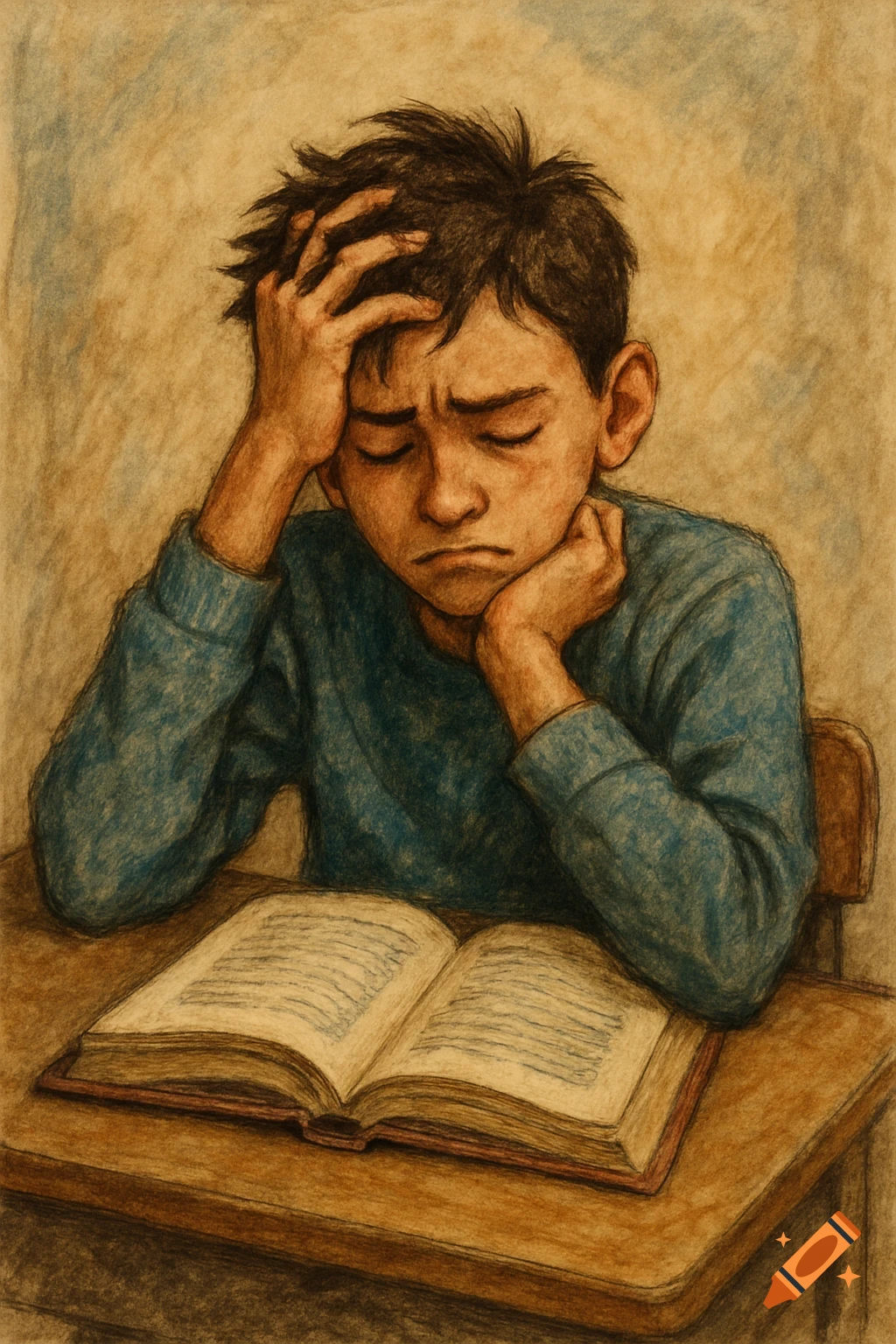 Illustration of a frustrated boy with dark hair sitting at a wooden desk, his head in his hands, an open book before him.