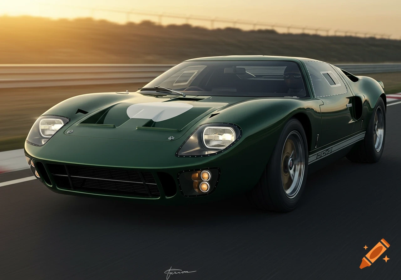 A photorealistic dark green Ford GT40 classic race car on a track during sunset.