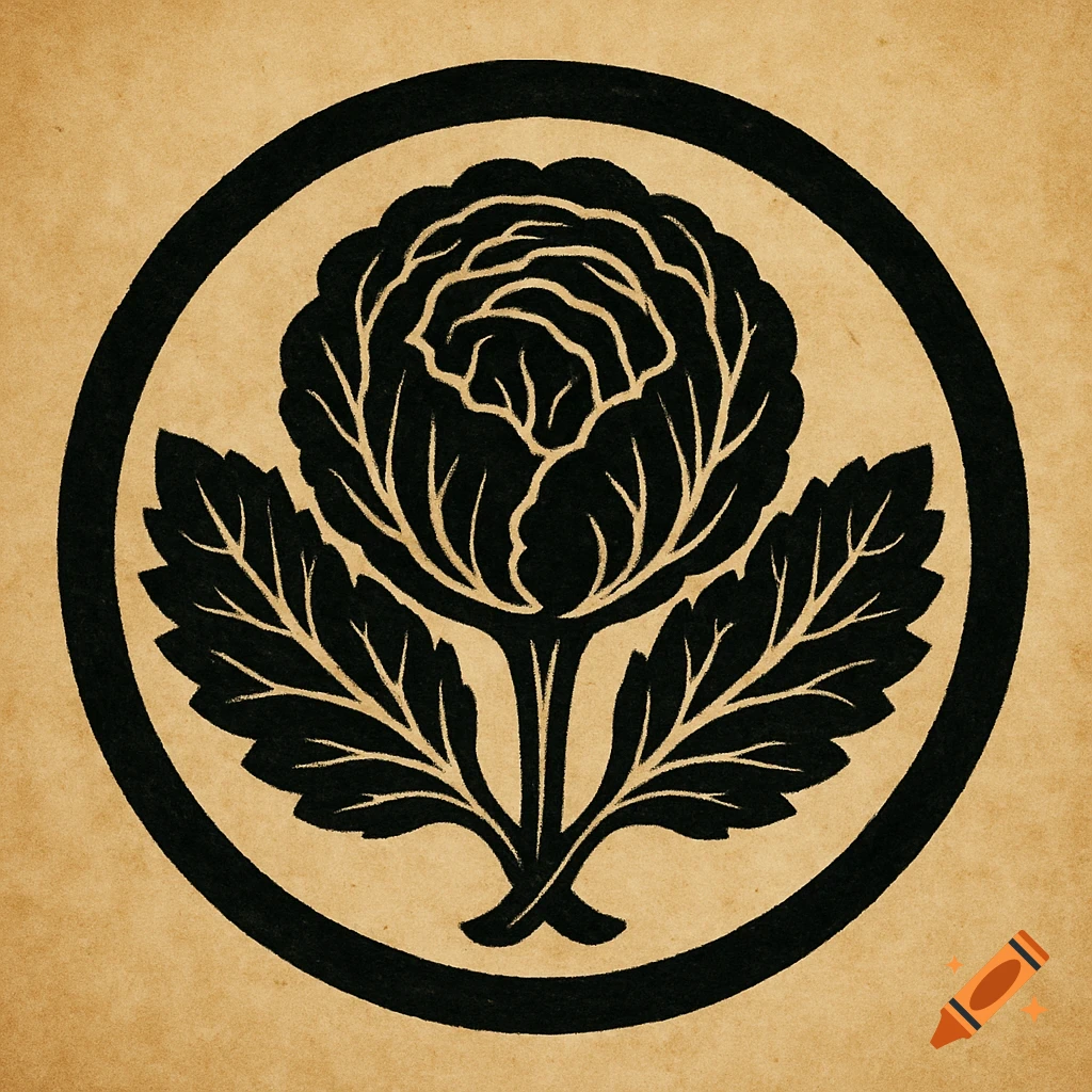 A black and white Japanese kamon with a stylized cabbage plant inside a circle on a textured beige background.