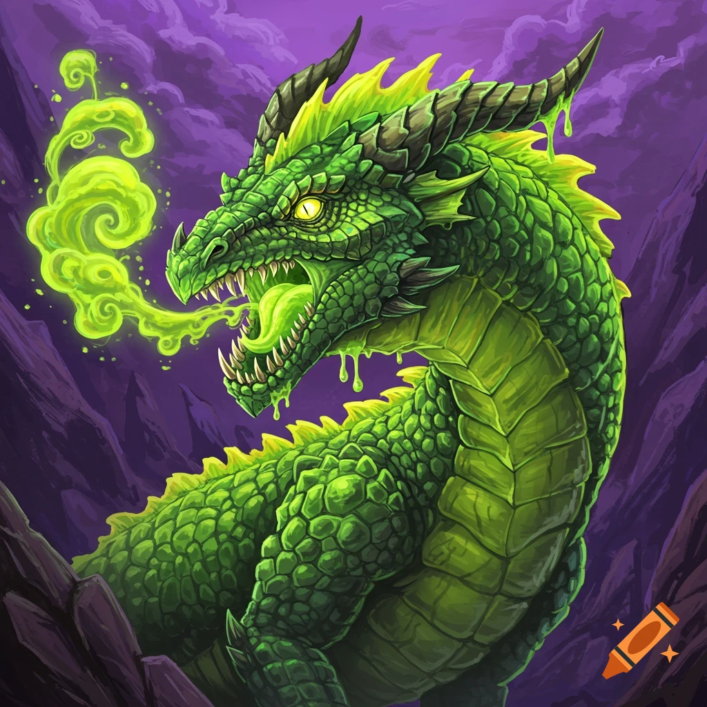 A vibrant green dragon with yellow eyes breathes bright green acidic smoke, against a dark purple, rocky background in a stylized art style.
