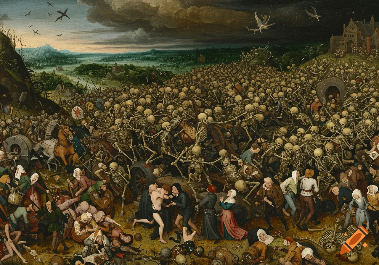 A detailed historical painting depicting a skeletal army overwhelming and killing humans amidst a desolate landscape.
