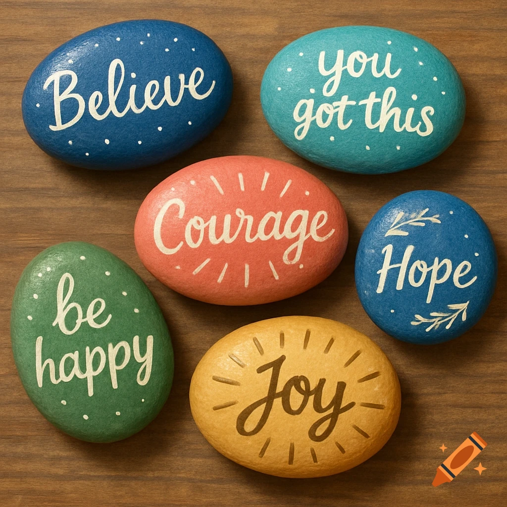 Six colorful painted stones with words like 'Believe', 'Courage', and 'Joy' on a wooden background.