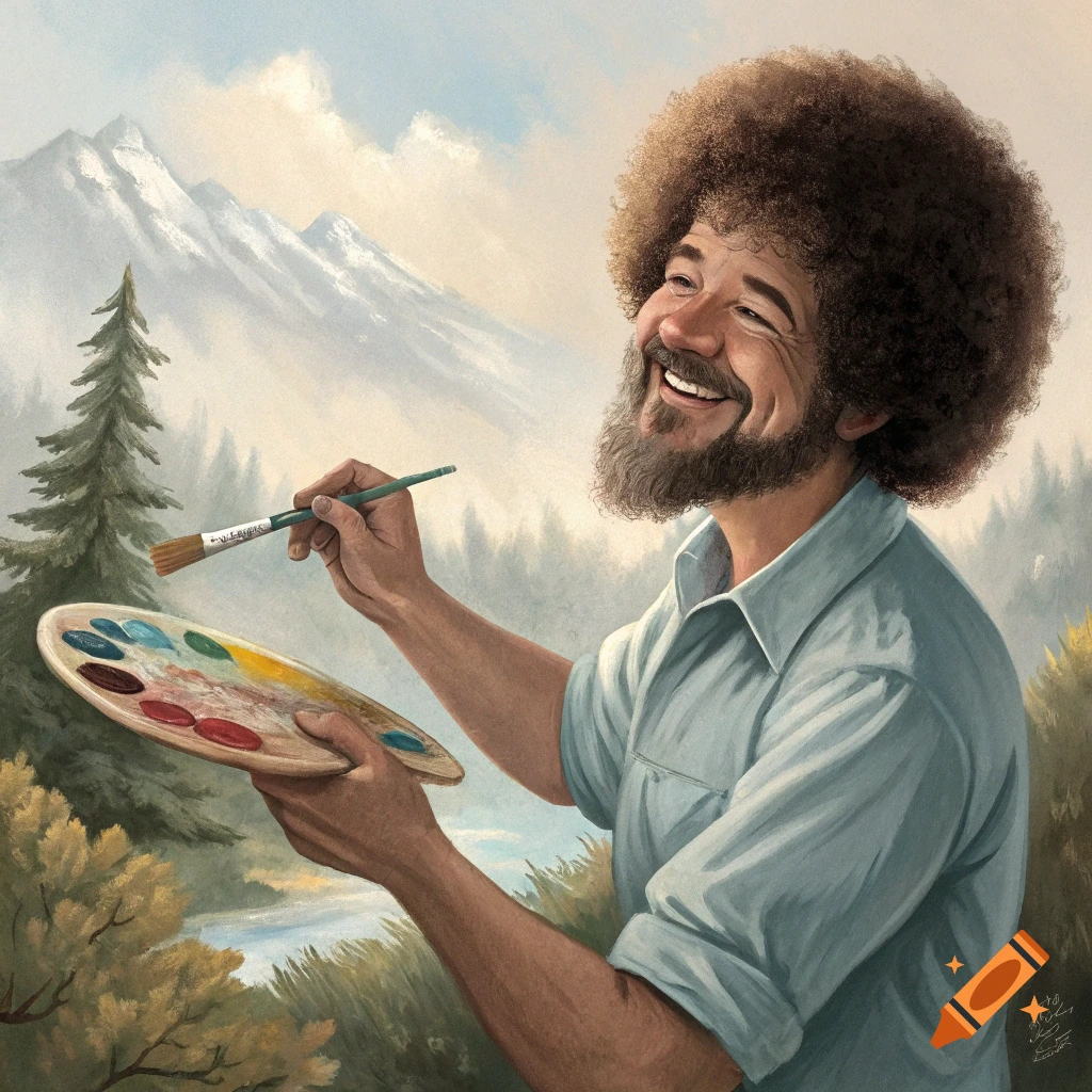 An illustrated portrait of a smiling Bob Ross painting a landscape with mountains and trees, holding a brush and a palette.