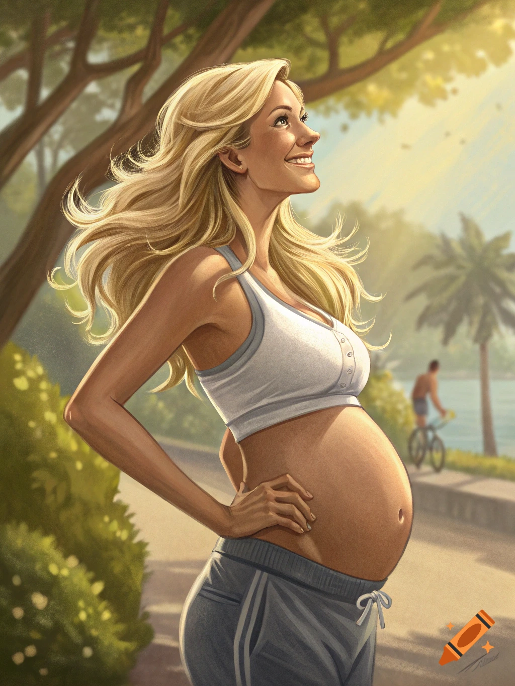 A smiling pregnant woman with blonde hair, wearing a sports bra and shorts, stands outdoors on a sunny day in a digital painting.