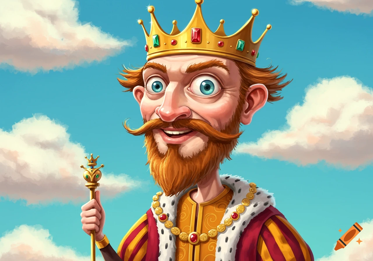 A cartoon king with a big beard and crown, holding a scepter against a blue sky with clouds.