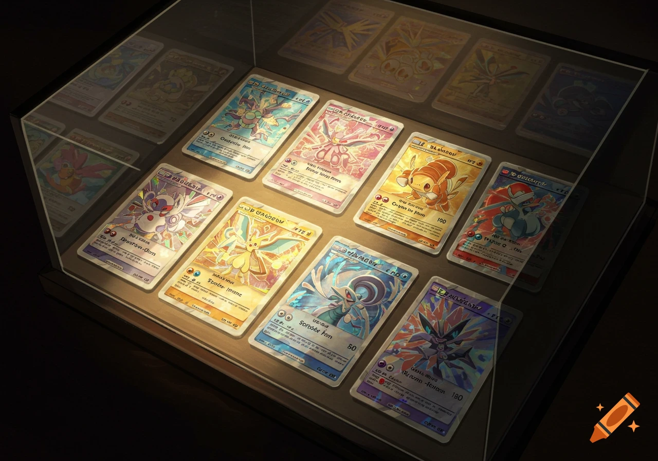 Shiny holographic Pokémon-style cards displayed in a glass trophy case.