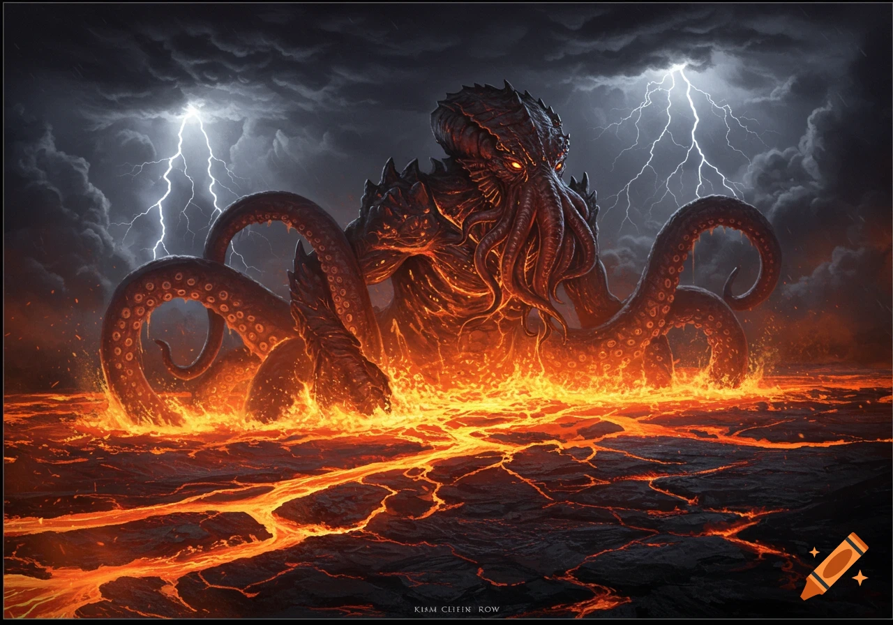 A massive, dark, monstrous creature resembling a Cthulhu-Leviathan hybrid, with glowing eyes and magma skin, emerging from a pool of lava under a stormy sky with lightning.