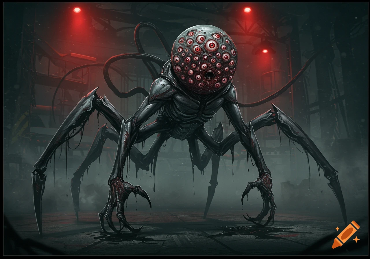 A menacing spider-humanoid creature with a spherical head covered in red eyes and sharp claws, stands in a dark, red-lit factory.