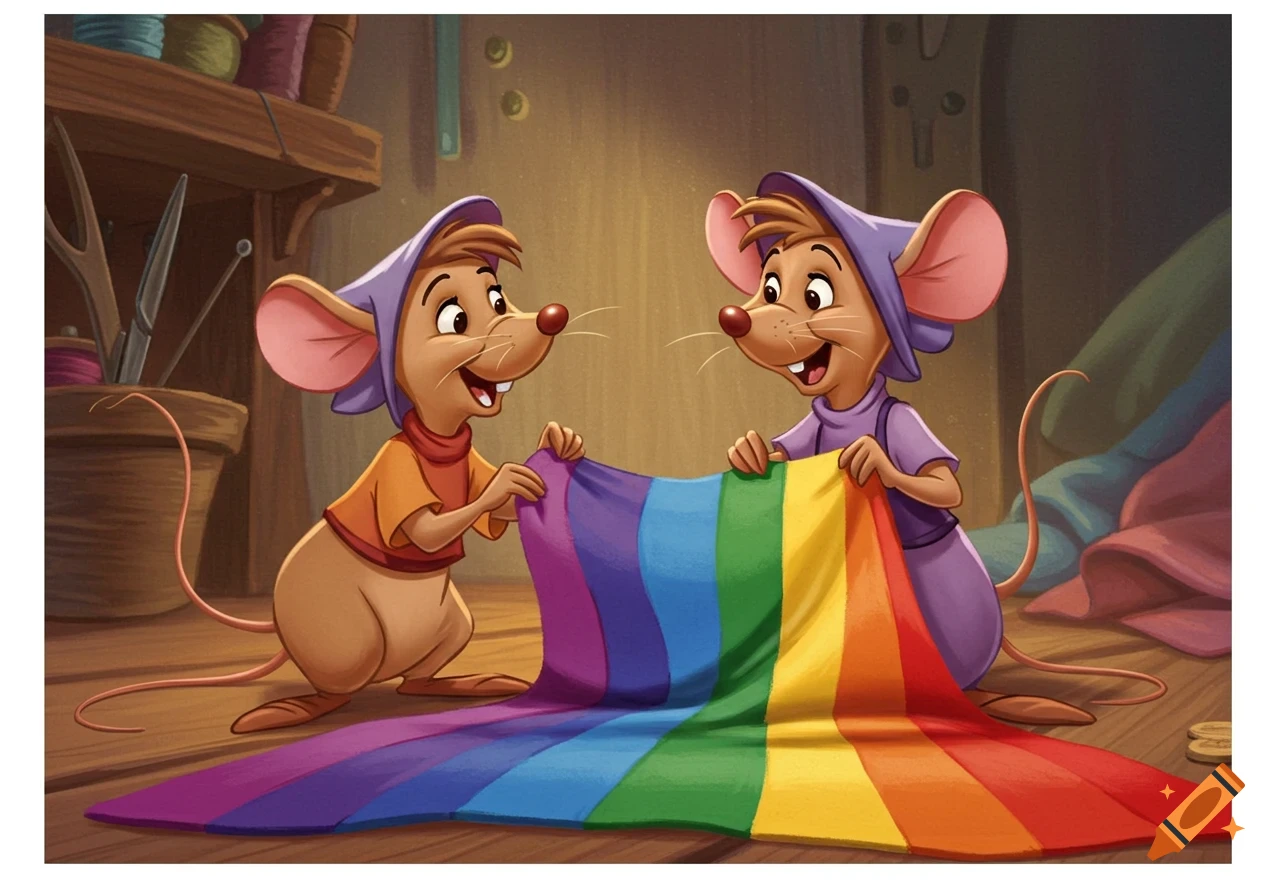 Two cartoon mice from Cinderella happily hold up a partially sewn rainbow pride flag in a cozy sewing room.