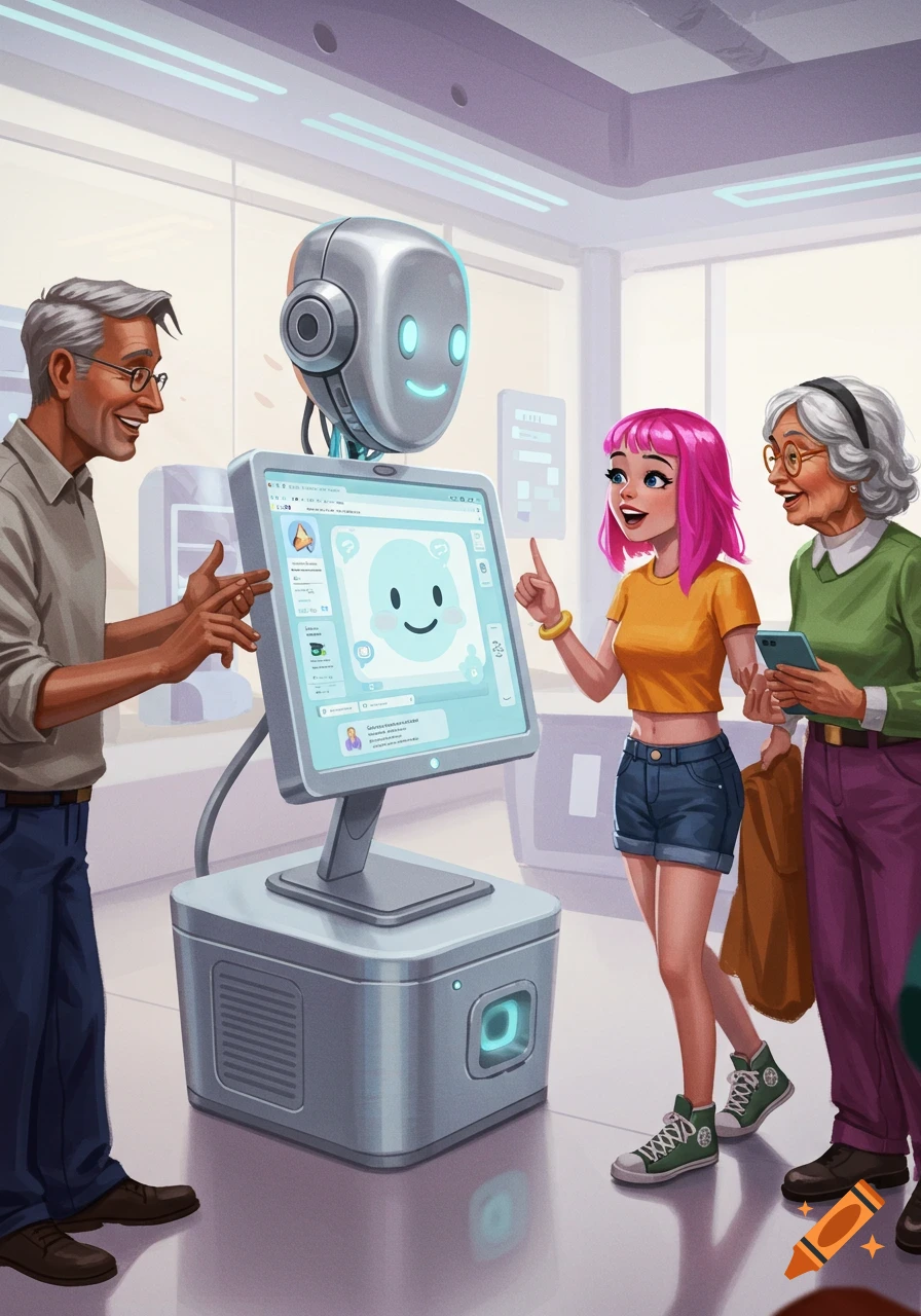 Illustration of an older man, a young woman with pink hair, and an older woman interacting with a smiling robot with a screen display.