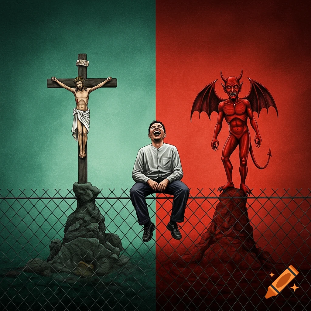 Stylized illustration of a man laughing on a fence, with Jesus on a cross on a green side and a red devil on a red side.