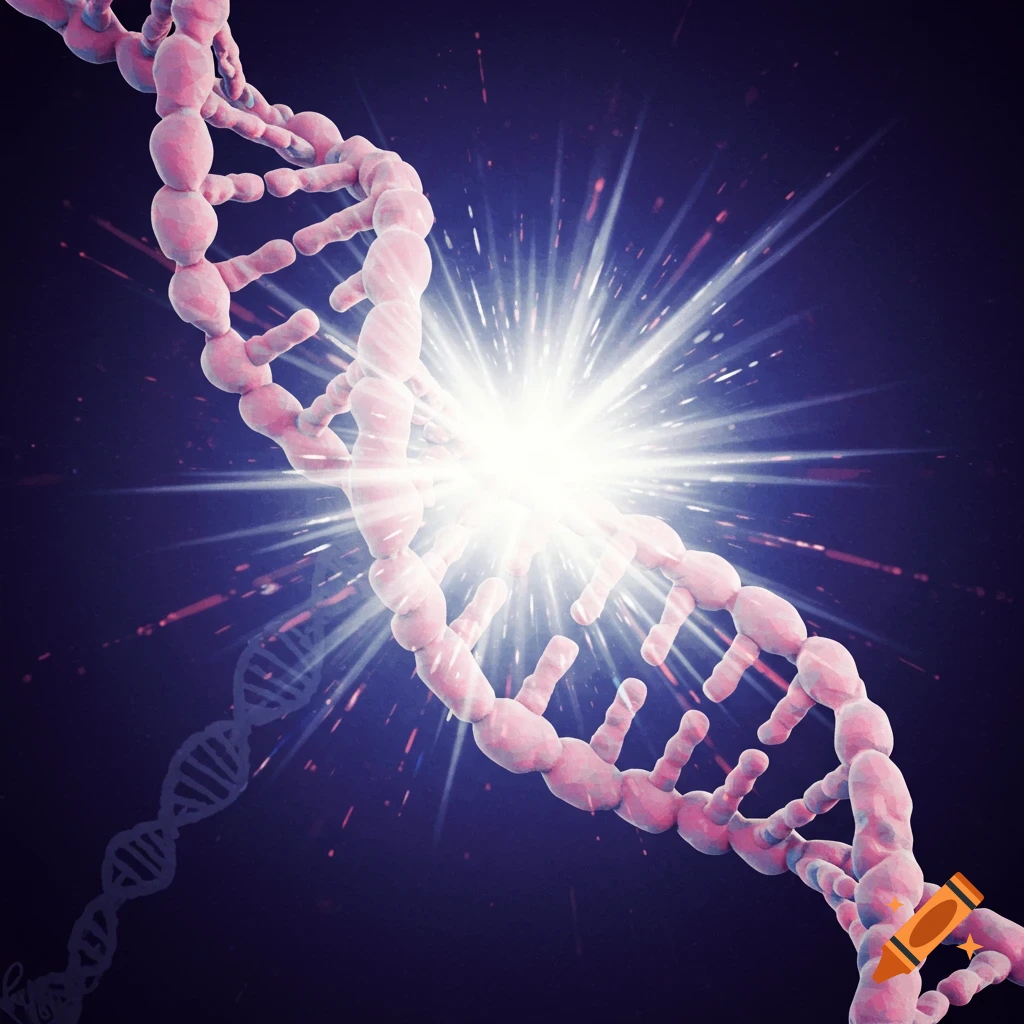 A pink DNA helix with a bright white light bursting from its center against a dark blue background.