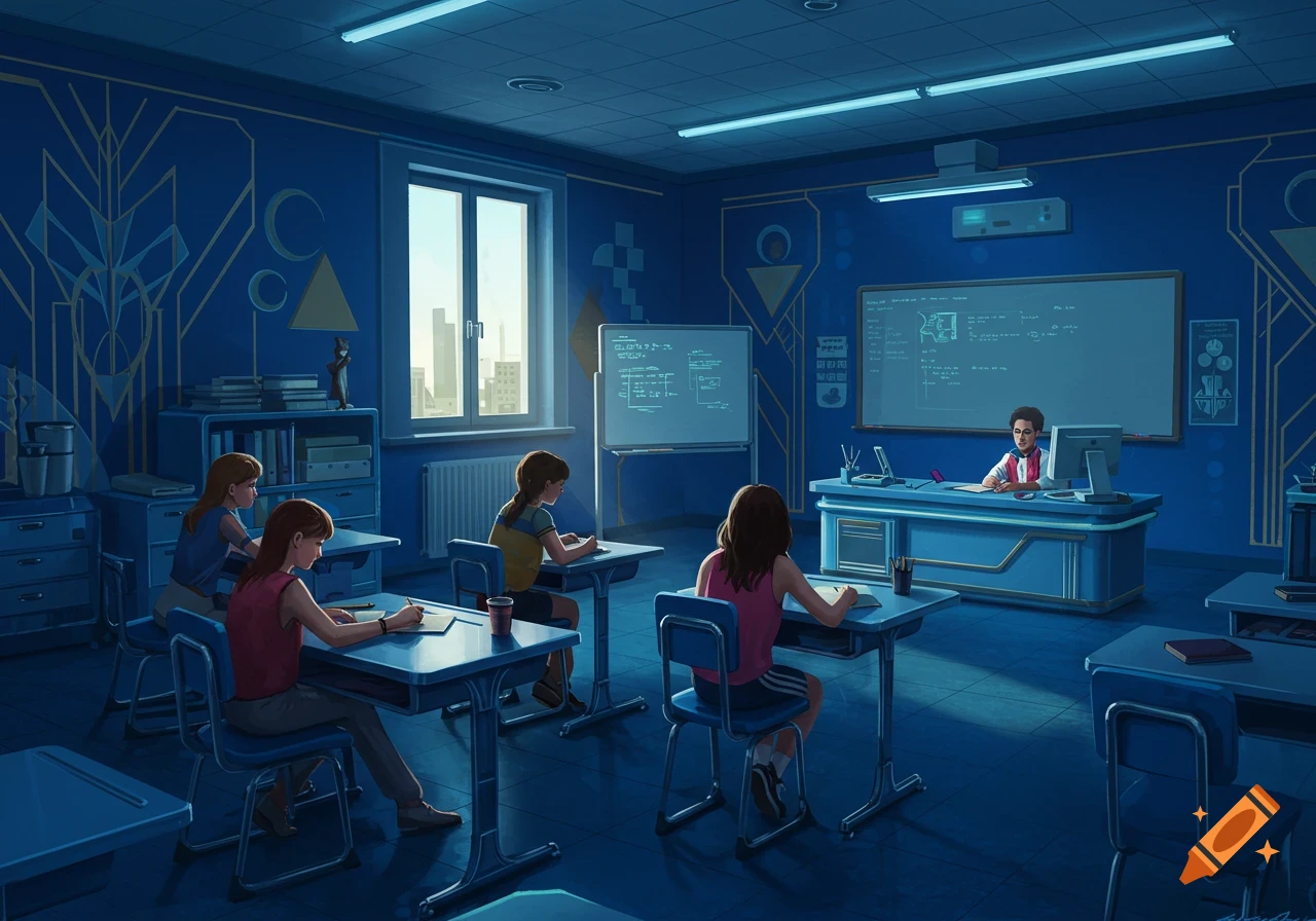 An 80s art deco themed classroom with blue walls and gold accents, showing several students at desks and a teacher at the front.