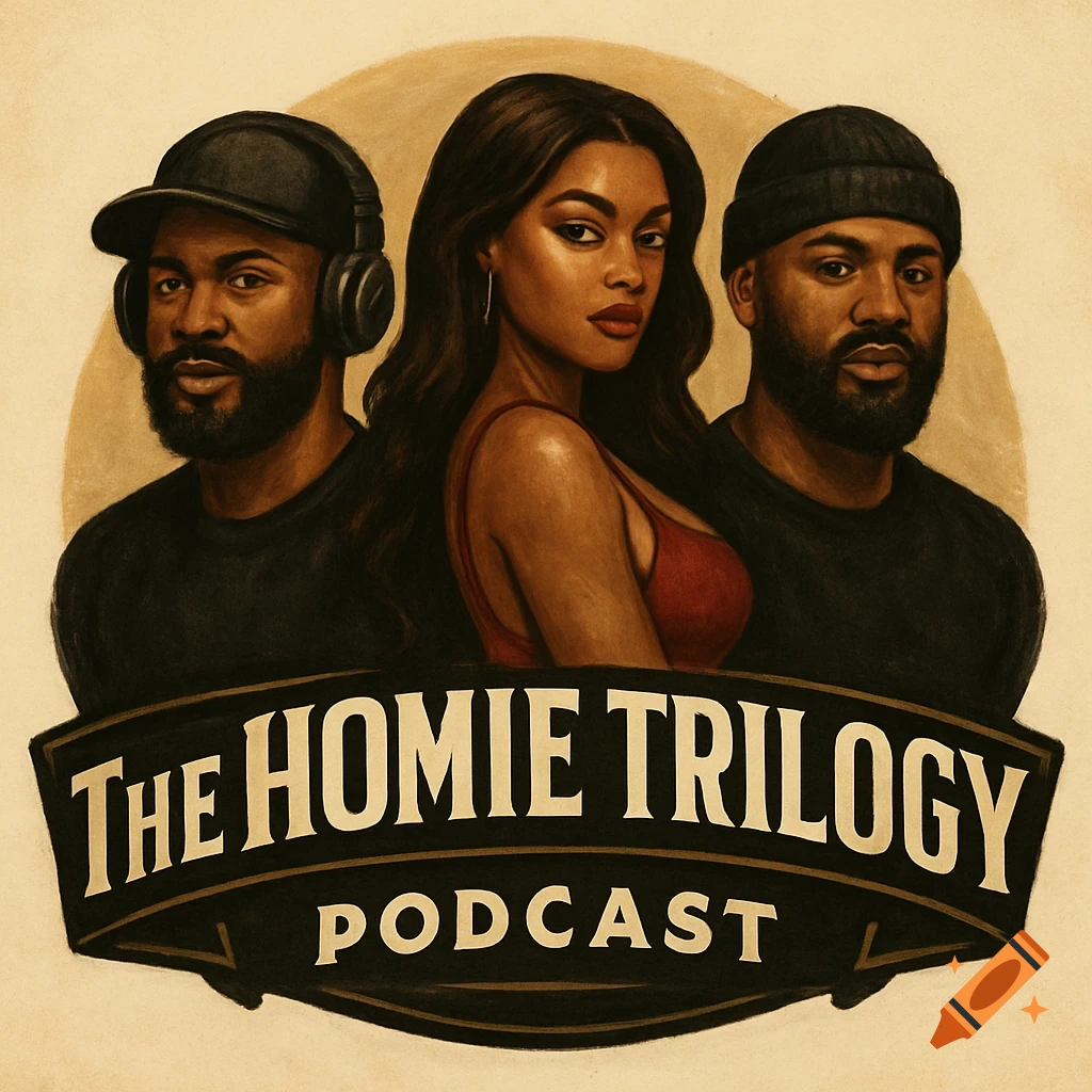 Illustration of two bearded men and a woman with long dark hair, featured above a banner that reads 'The Homie Trilogy Podcast'.