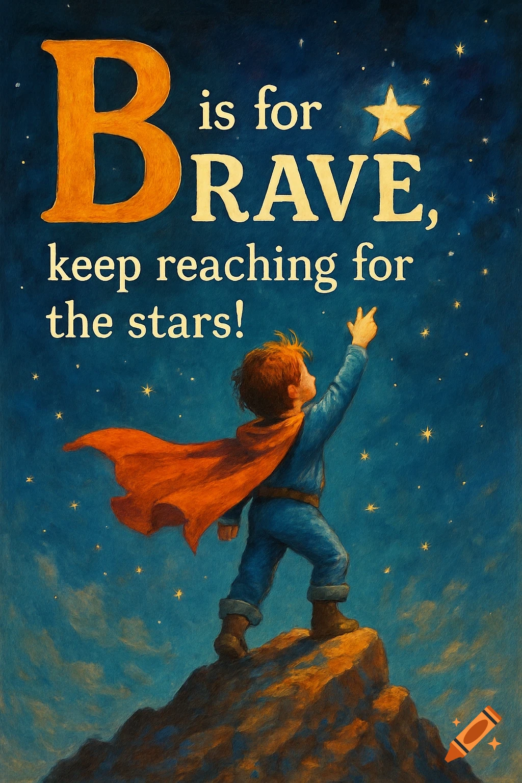 A boy in a superhero cape stands on a rocky peak, reaching for a star in a dark blue, starry night sky. Text reads 'B is for BRAVE, keep reaching for the stars!'