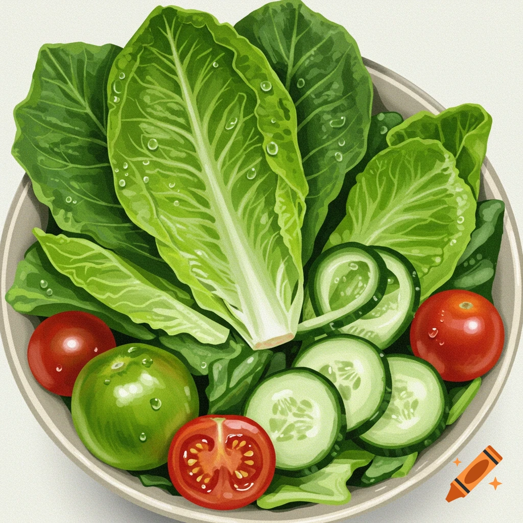 A vibrant illustration of a salad bowl with fresh green lettuce, sliced cucumbers, and ripe red tomatoes, seen from above.