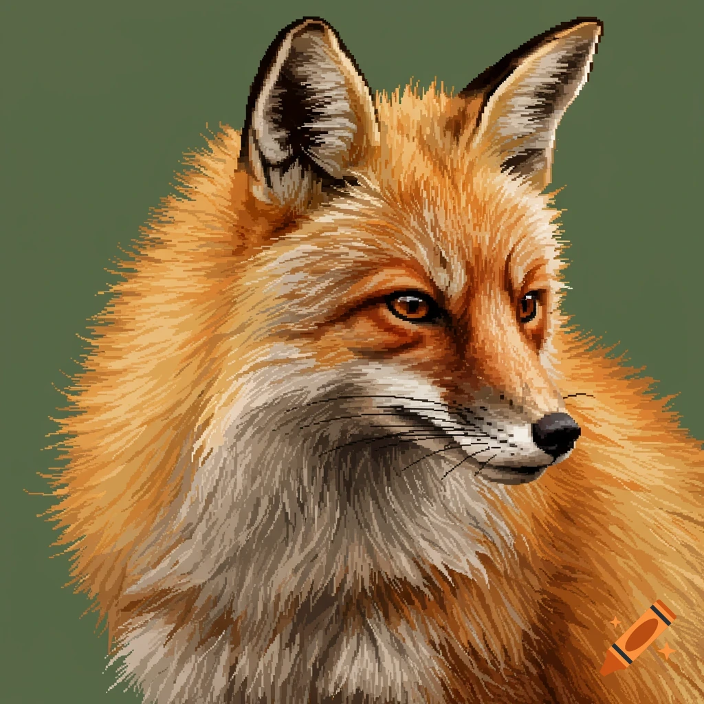 A close-up pixel art portrait of a red fox with orange and white fur, set against a solid green background.