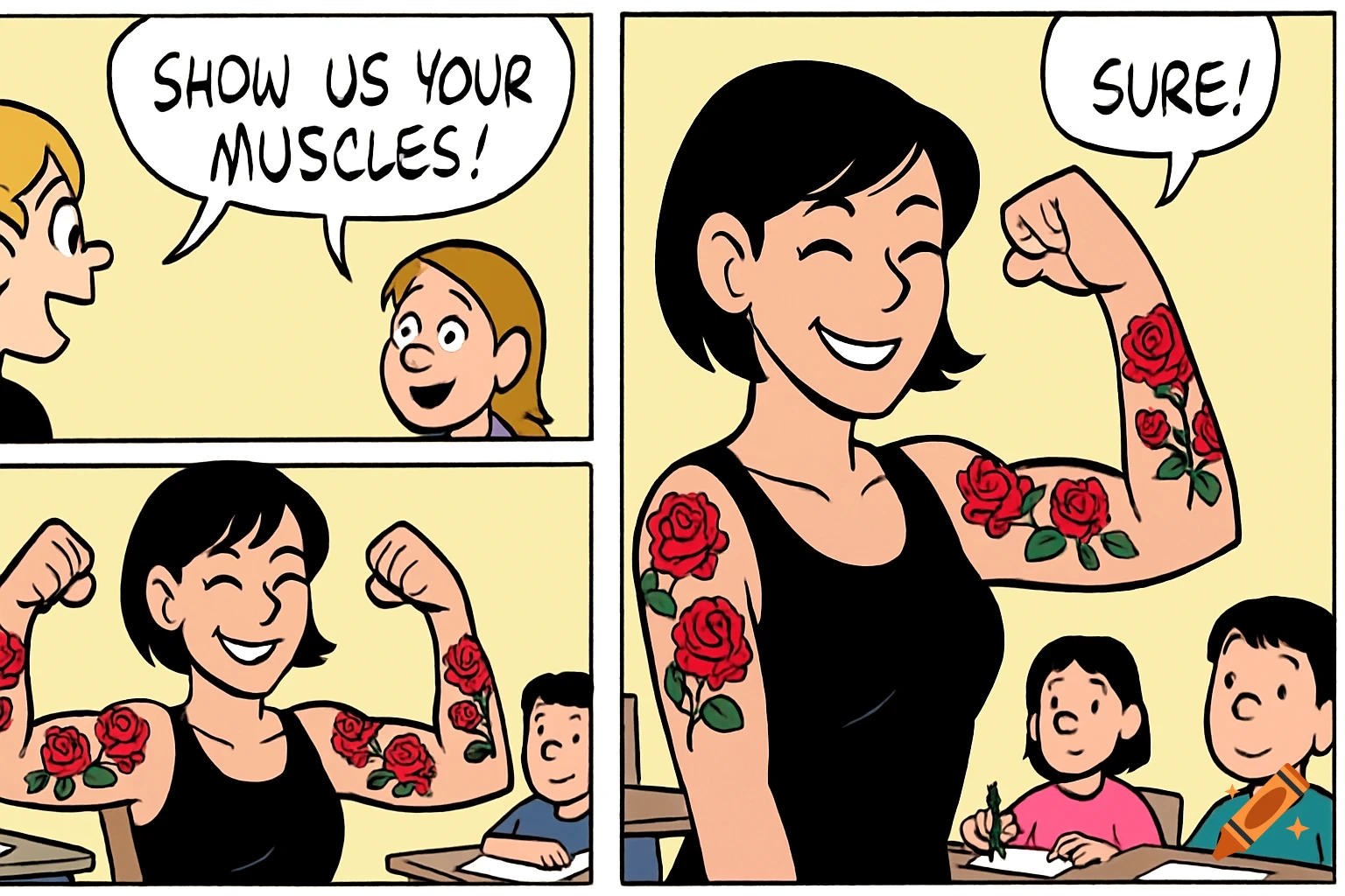 A colorful comic strip showing a woman with rose tattoos flexing her arms for two children.