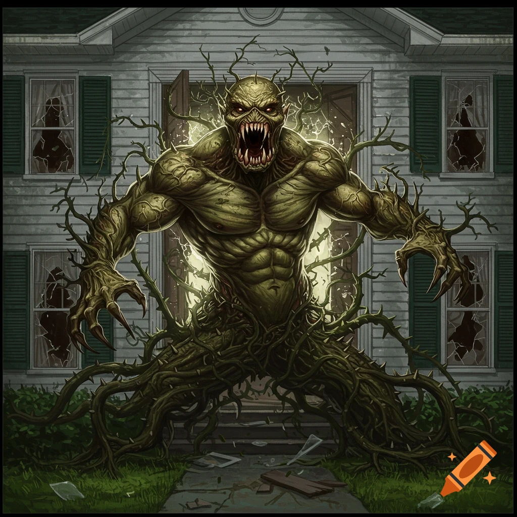 A monstrous half-man, half-plant creature with fangs bursts from a white house with broken windows in a detailed horror illustration.