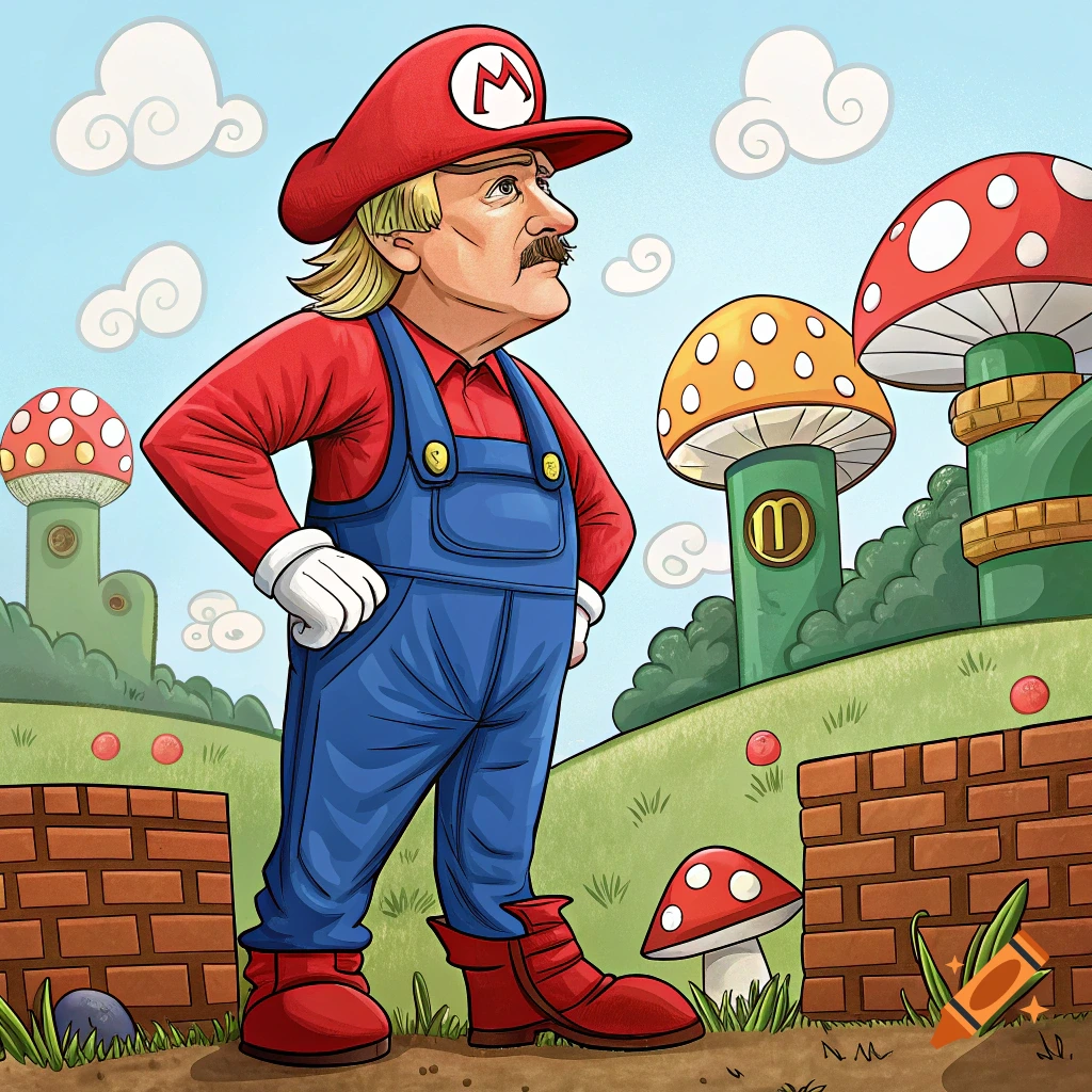 Cartoon of Donald Trump dressed as Super Mario, standing with hands on hips in a vibrant Super Mario Bros. landscape.