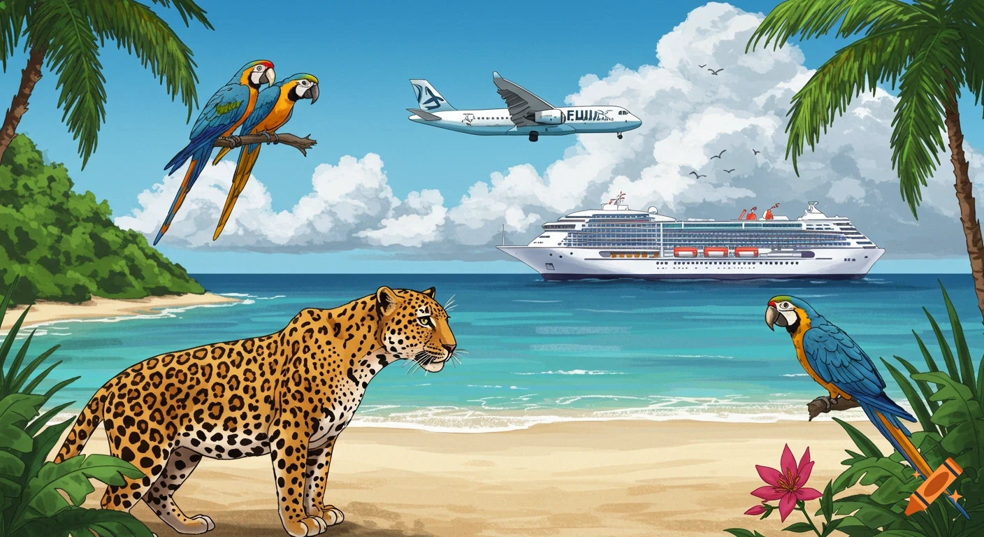An illustration of a tropical beach with a leopard, macaws, a Fiji Airways plane, and a cruise ship.