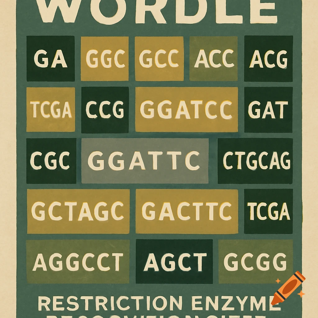 A game board in vintage style, resembling Wordle, with blocks containing DNA sequences and text 'WORDLE' and 'RESTRICTION ENZYME'.