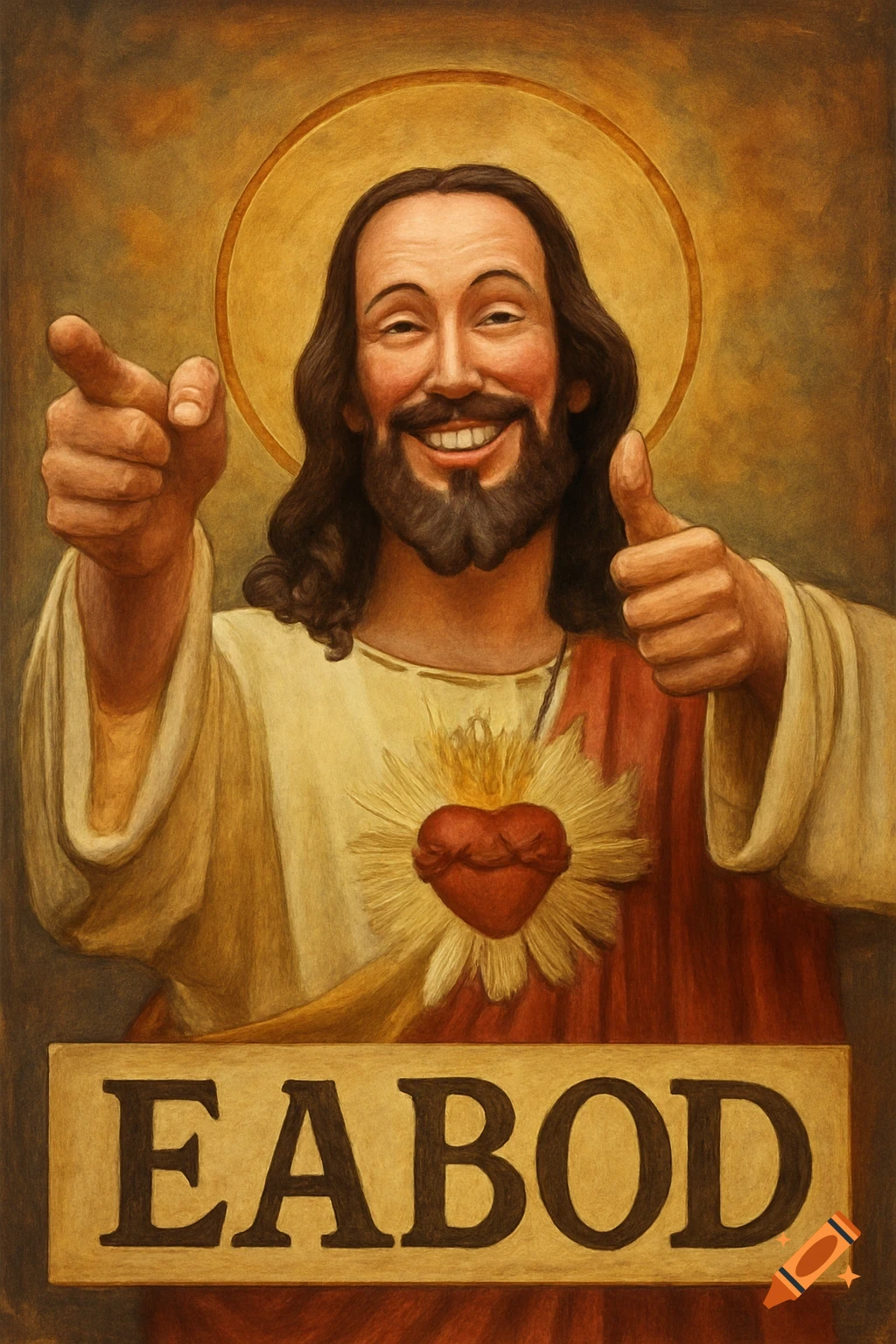A painted depiction of a smiling Jesus giving a thumbs-up and pointing, with the text 'EABOD' on a sign below.