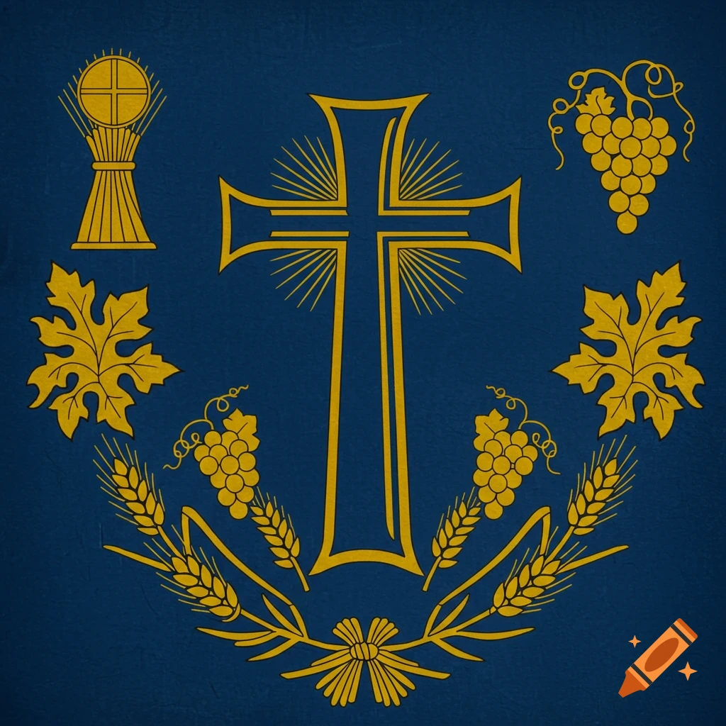 A golden Christian cross with rays, surrounded by wheat, grapes, and leaves, on a textured blue background.
