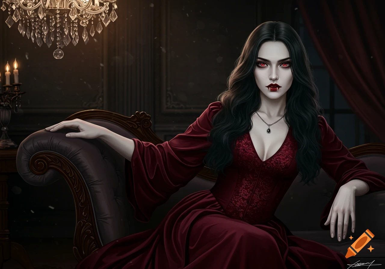A pale vampire woman with long black hair, red eyes, and fangs, wearing a dark red dress, sits on an ornate couch in a dimly lit, luxurious room.