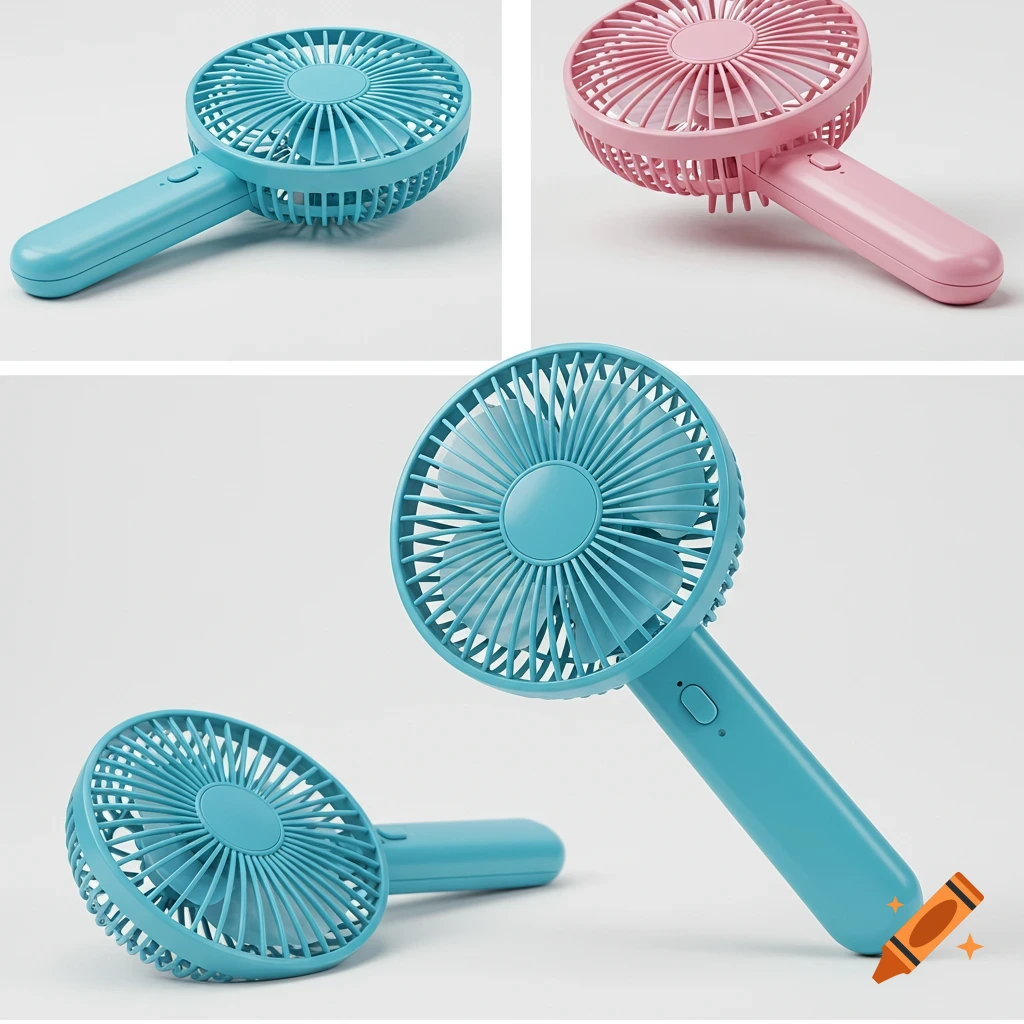 A collage of four handheld portable fans, one pink and three blue, shown from different angles against a white background.