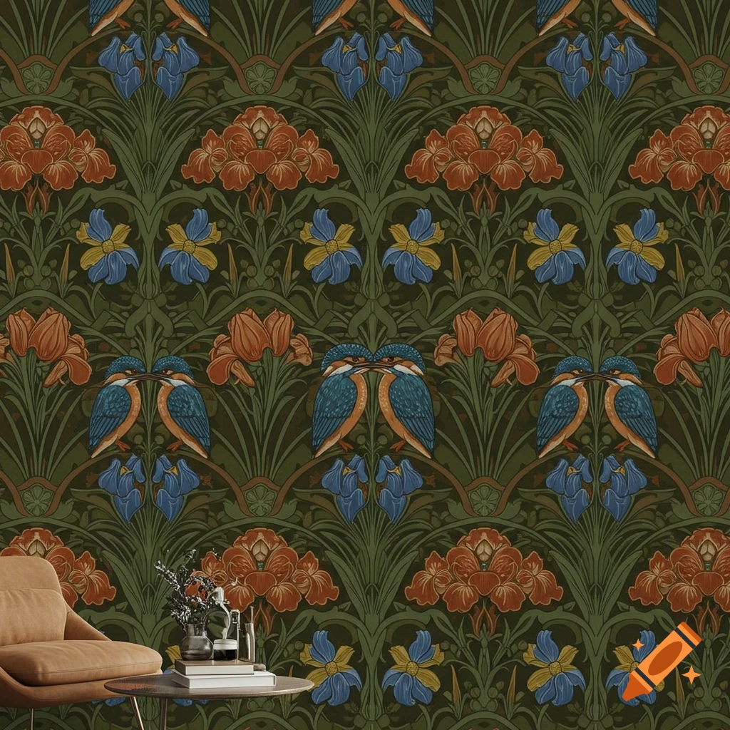 Arts and Crafts style wallpaper with repeating floral and kingfisher pattern, brown armchair and table in foreground.