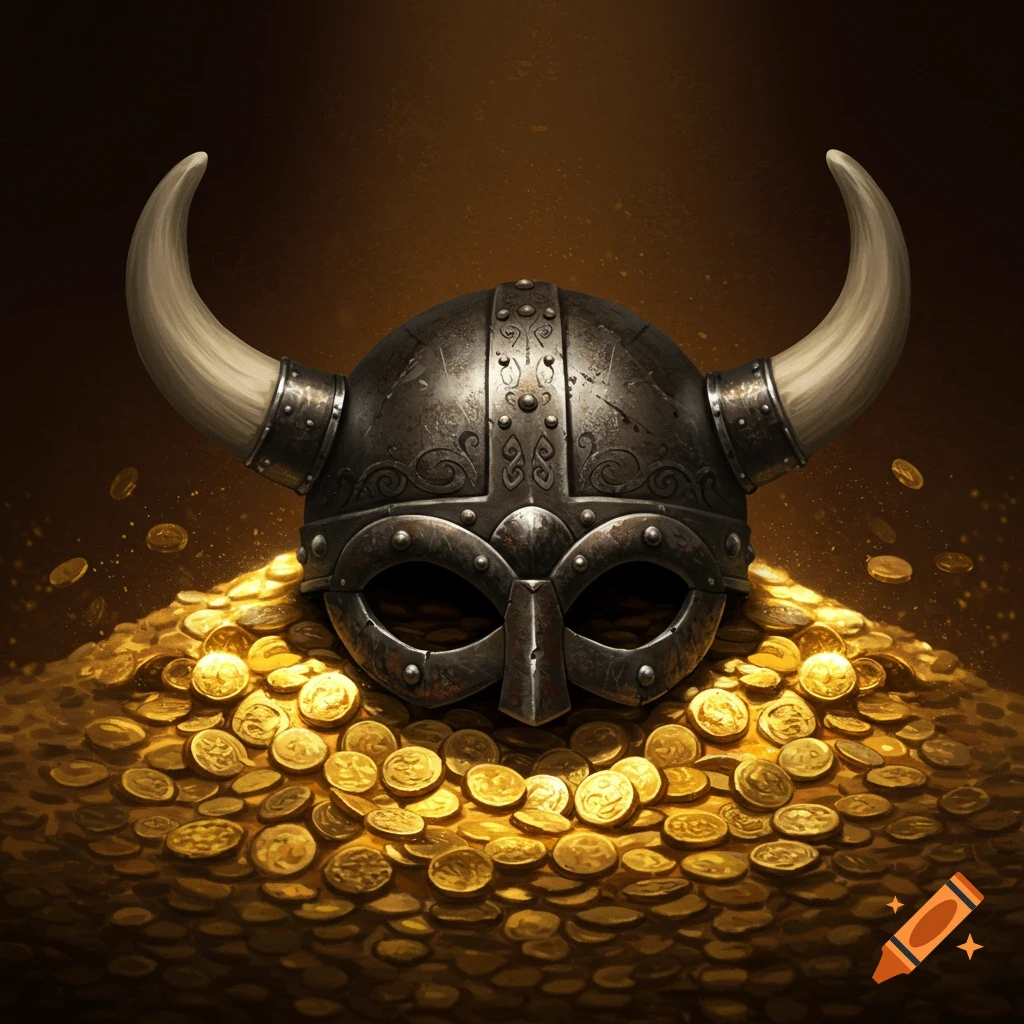 A realistic Viking helmet with horns rests on a large pile of gleaming gold coins.