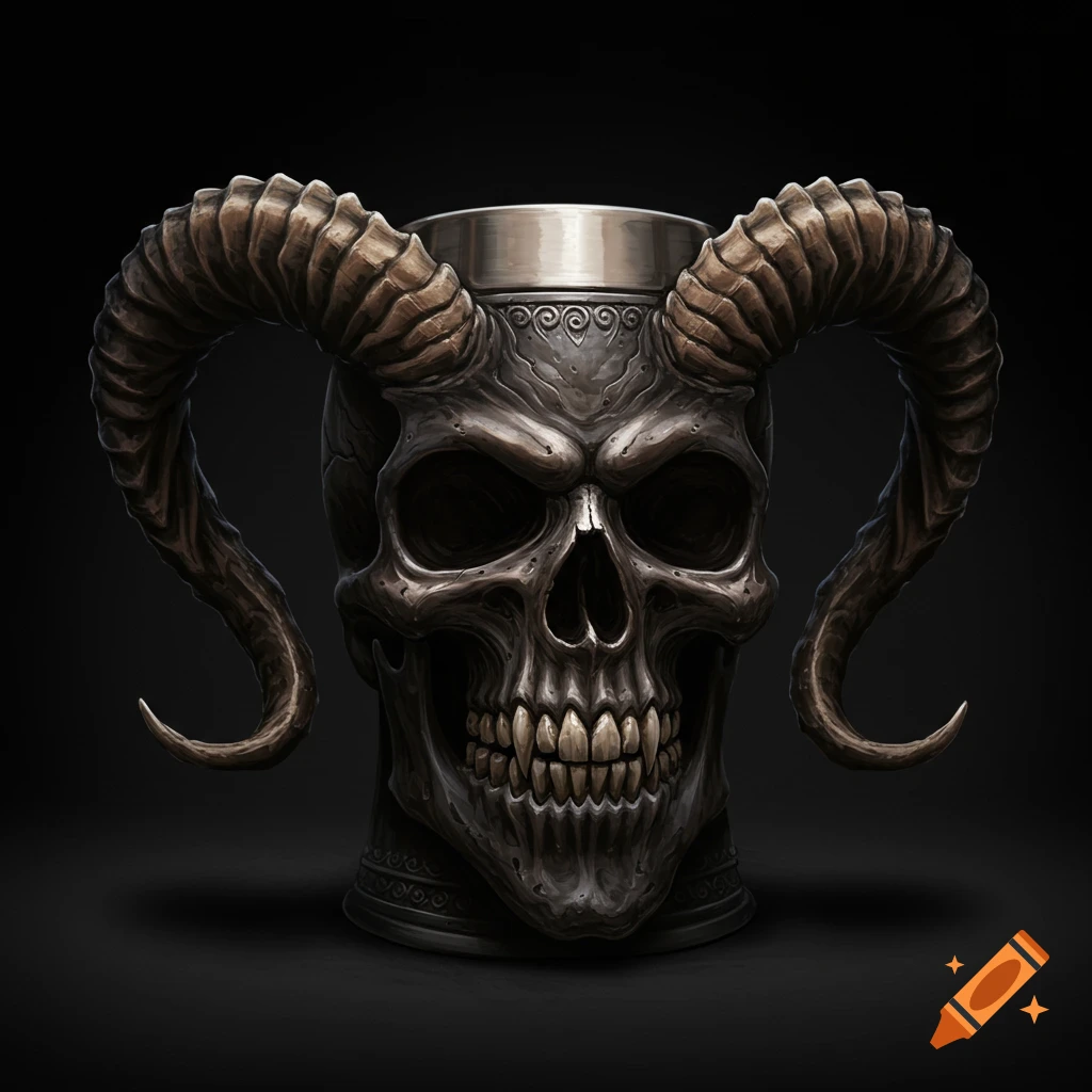 A detailed dark gothic skull beer stein with large horns on a black background.