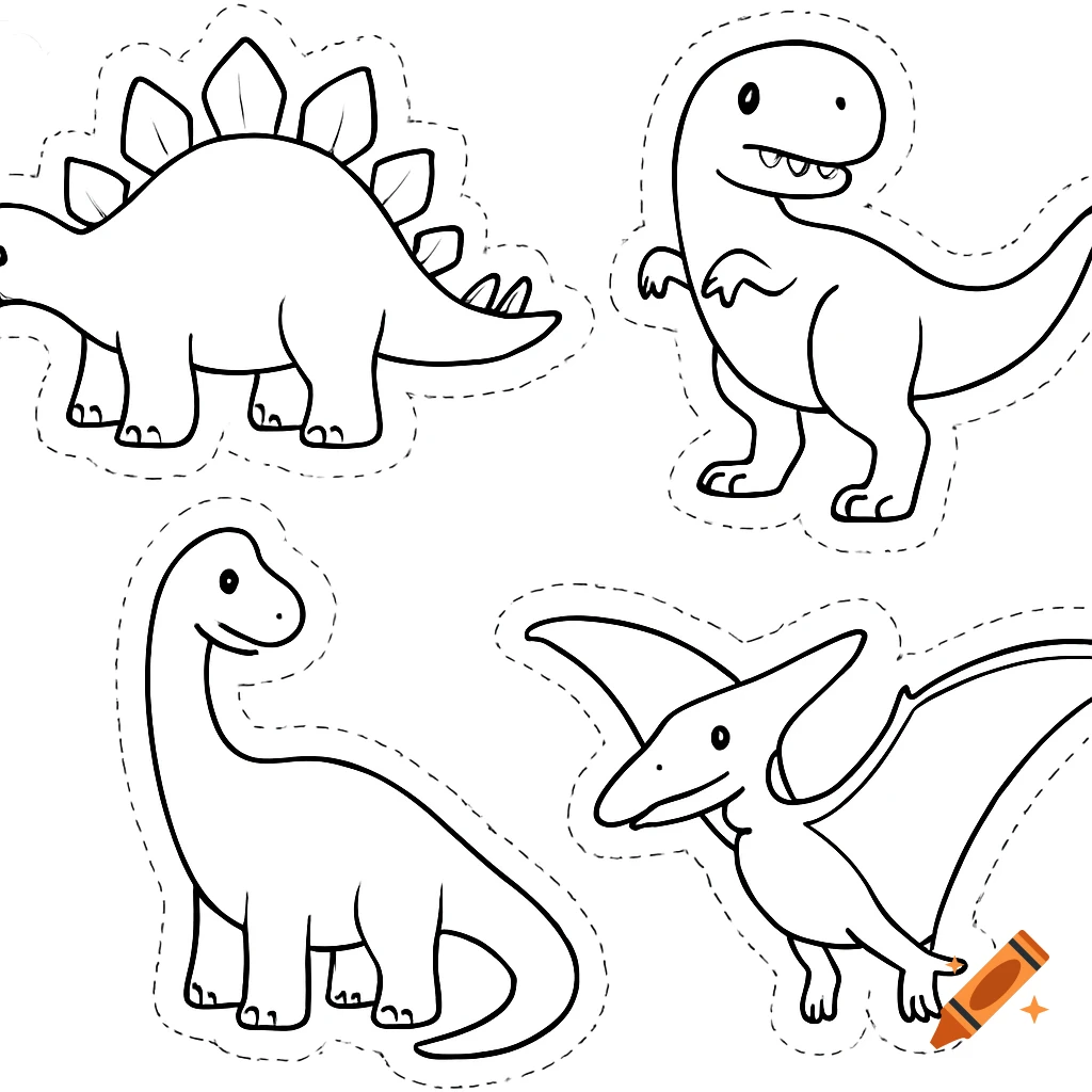 Four simple black and white line art drawings of different dinosaurs, each with a dashed cut-out border.